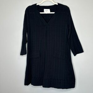 Pomander Place Black Cotton Dress V‎ Neck 3/4 Sleeve Pockets Mini Shirt Dress